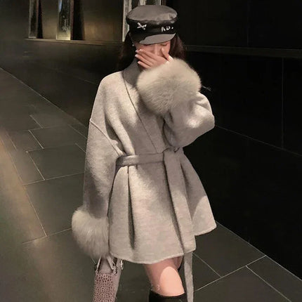 Tossy Fox Fur Wool Overcoat Women's Short Coat Office Lady Elegant Double-sided Woolen Coat 2025 New Cardigan Jackets Loose Wool