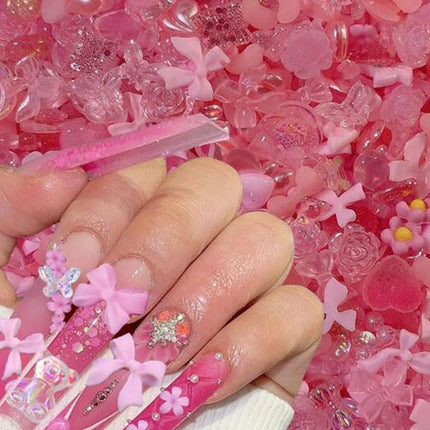 500-600pcs Mixed Aurora Pink Bow/Flower Nail Charms 50g Kwaii Resin Butterfly,Bowknot Y2K Nail Art Decorations DIY Manicure Part