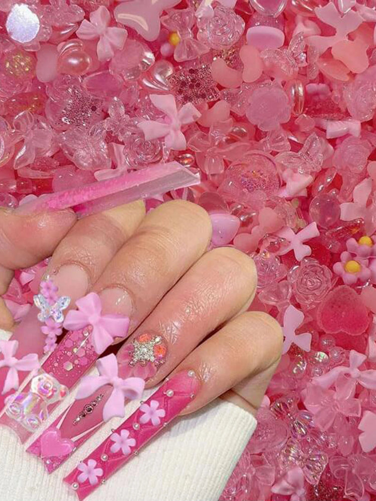 500-600pcs Mixed Aurora Pink Bow/Flower Nail Charms 50g Kwaii Resin Butterfly,Bowknot Y2K Nail Art Decorations DIY Manicure Part