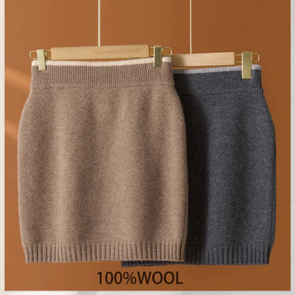 Flat Thickened Hip Hugging Skirt Women's Autumn Winter 100% Merino Wool Knitted Half Skirt Versatile Short Elastic Waist Skirt PlatiNum