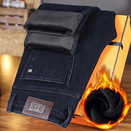 2026 New Men's Autumn and Winter Plush Thick Jeans Men's Stretch Business High Waisted Straight Leg Casual Cotton Pants