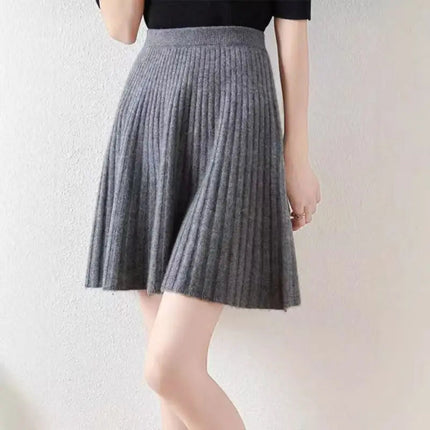 100% Merino Wool Mini Skirt Korean Women's AutumnWinter Fashionable Solid Color Elastic Waist Knitted Pleated Skirt PlatiNum