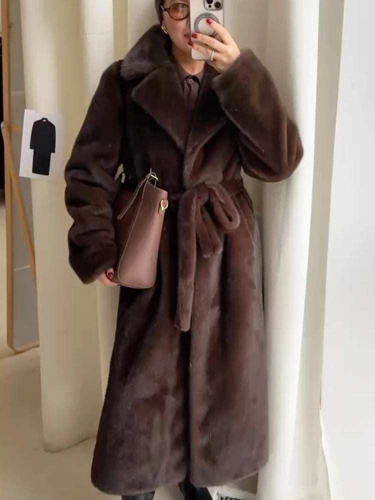 ZADORIN 110cm Long Lapel Belted Brown Faux Fur Coat Woman Elegant Mink Fur Faux Coat Fluffy Fur Jackets for Woman Winter Clothes