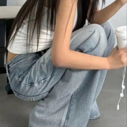 Jeans Estivi da Donna Lavati e Distressed con Strass, Stile American Vintage Y2K Street Style, Gamba Larga Dritta e Morbida