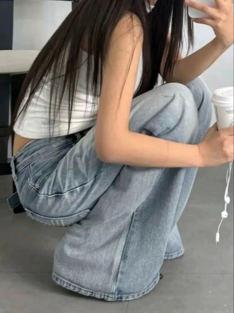 Jeans Estivi da Donna Lavati e Distressed con Strass, Stile American Vintage Y2K Street Style, Gamba Larga Dritta e Morbida