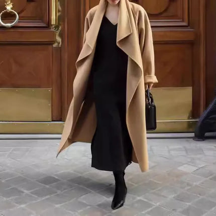 High-end Women Double-sided Wool Long Coat Warm Baby Blue Lapel Loose Double Breasted Wool Coat Female Fashion Autumn Winter