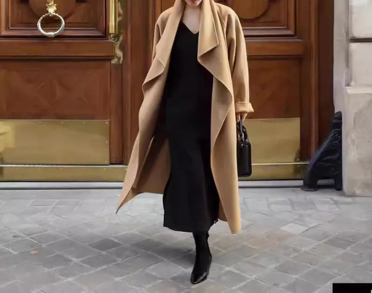 High-end Women Double-sided Wool Long Coat Warm Baby Blue Lapel Loose Double Breasted Wool Coat Female Fashion Autumn Winter