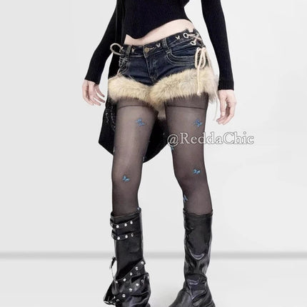 REDDACHiC Gyaru Y2k Low Rise Jean Shorts Trendy Butterfly Rivets Hollow Lace-Up Furry Cuffs Denim Shorts Retro Hot Women Bottoms PlatiNum