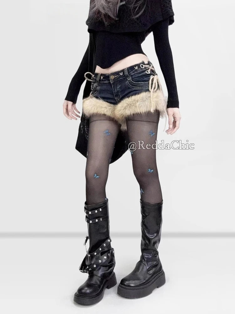 REDDACHiC Gyaru Y2k Low Rise Jean Shorts Trendy Butterfly Rivets Hollow Lace-Up Furry Cuffs Denim Shorts Retro Hot Women Bottoms PlatiNum