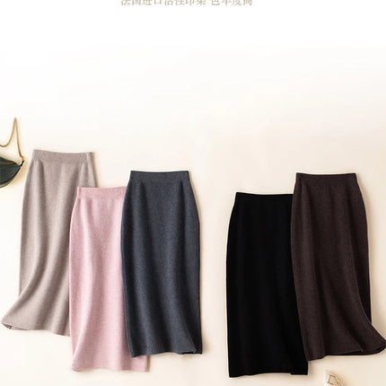 100% pure wool skirt new women's autumn and winter mid-length high-waisted thin cashmere skirt knitted all-match hip skirt PlatiNum