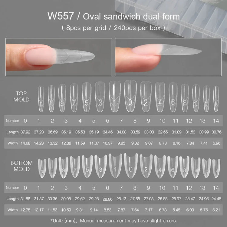 YOKEFELLOW Sandwich Dual Nail Forms 240pcs 15size Extensions-Dual Forms Coffin Almond Nail Forms Top Mold Bottom Mold Nail Extension Tools for Beginners