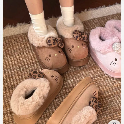Sanrio Hello Kitty Winter Fleece Lined EVA Thick Mule Slippers Snowy Day Anti-Slip Warm Fleece Outdoor Slippers Women Snow Boots