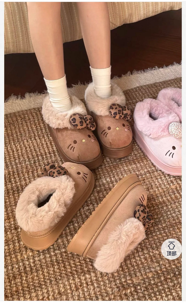 Sanrio Hello Kitty Winter Fleece Lined EVA Thick Mule Slippers Snowy Day Anti-Slip Warm Fleece Outdoor Slippers Women Snow Boots