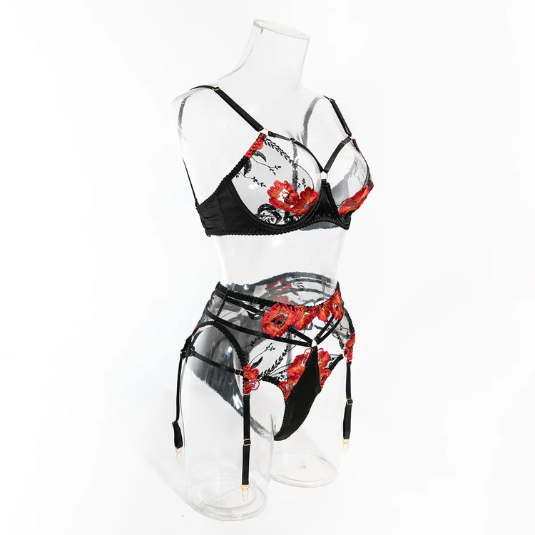 Krasapt Luxury Floral Embroidery Lingerie 2Pcs Sets Sensual Mesh See Through Bra And Panty Garter Erotic Suits Delicate Bilizna