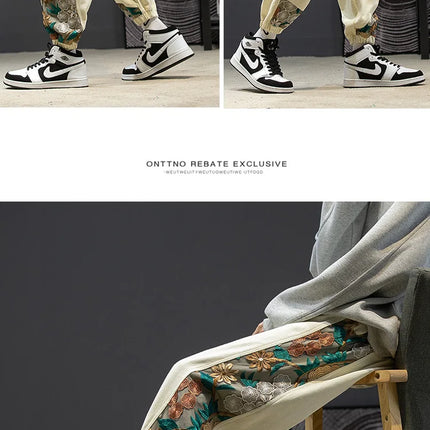 Pantaloni casual alla moda Abbigliamento da uomo Cotone Samurai giapponese Ricamo Patchwork Pantaloni Harem Pantaloni Harajuku oversize da uomo