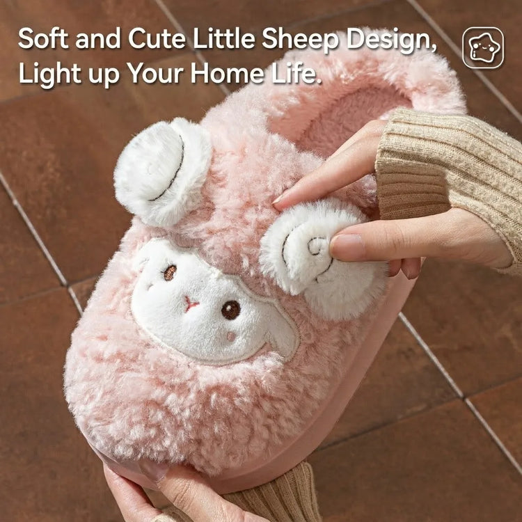 Cute Little Sheep Plush Slippers Women Winter Warm Thick Soft Sole House Shoes Indoor Fuzzy Non-Slip Comfortable Home Slides