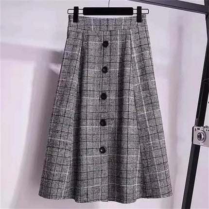 Large Size Women's Autumn Winter Elastic Waist A-line Skirt Woman Skirts Faldas Jupe Korean Retro Plaid Mid-Long Skirts Size 4XL PlatiNum