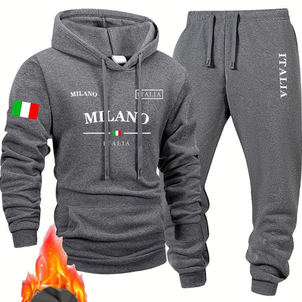 Italy pattern Men's Hoodie and Bundled pants set fleece Autumn winter two-piece set top bottom sets windproof Warm Cotton suit PlatiNum