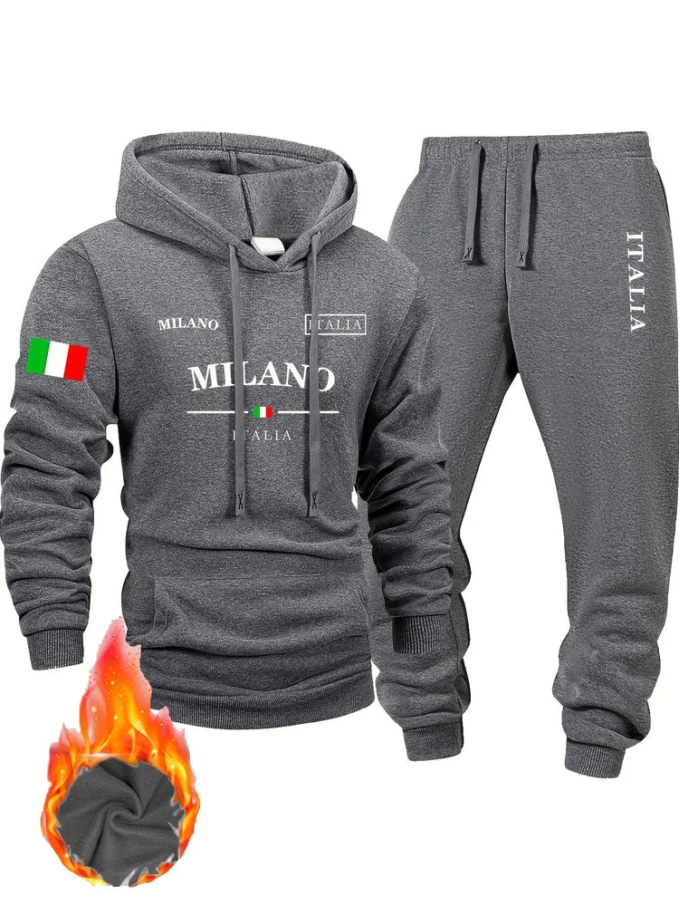 Italy pattern Men's Hoodie and Bundled pants set fleece Autumn winter two-piece set top bottom sets windproof Warm Cotton suit PlatiNum