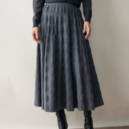 Women Cashmere Skirt A-Line Jacquard Elastic Waist Flared Skirt Autumn Winter 100% Cashmere Knitted Office Lady Curled Hem Dress PlatiNum