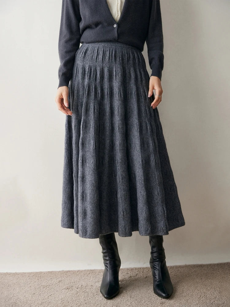 Women Cashmere Skirt A-Line Jacquard Elastic Waist Flared Skirt Autumn Winter 100% Cashmere Knitted Office Lady Curled Hem Dress PlatiNum