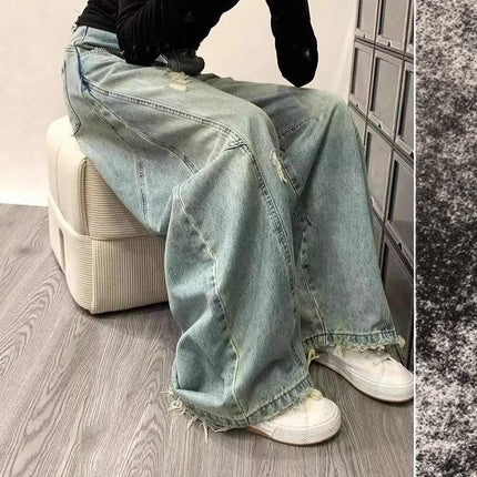 Jeans Vintage a Vita Alta con Effetto Invecchiato per Donna, Pantaloni Larghi a Gamba Dritta e Lunga per Primavera e Autunno