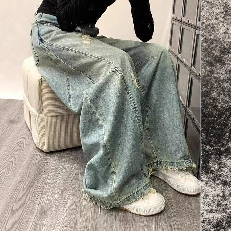 Jeans Vintage a Vita Alta con Effetto Invecchiato per Donna, Pantaloni Larghi a Gamba Dritta e Lunga per Primavera e Autunno