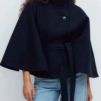 Women Lace Up High Neck Jackets for Women with Belt Elegant Windbreaker Faux Wool Blends Cape Korean Solid Windbreaker Cloak