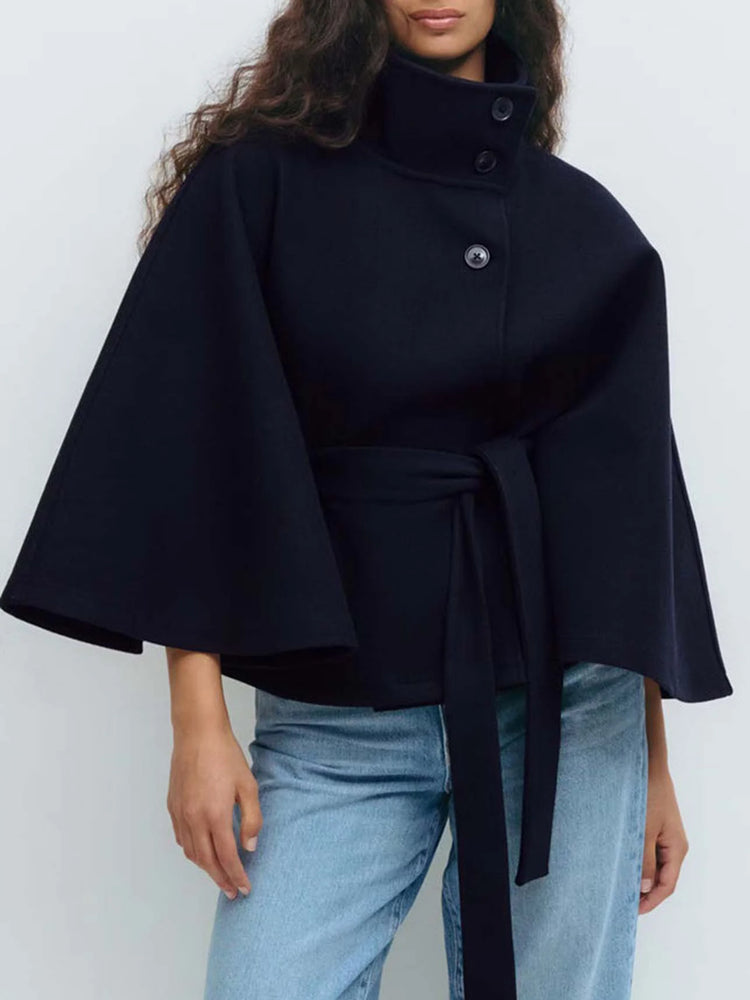 Women Lace Up High Neck Jackets for Women with Belt Elegant Windbreaker Faux Wool Blends Cape Korean Solid Windbreaker Cloak