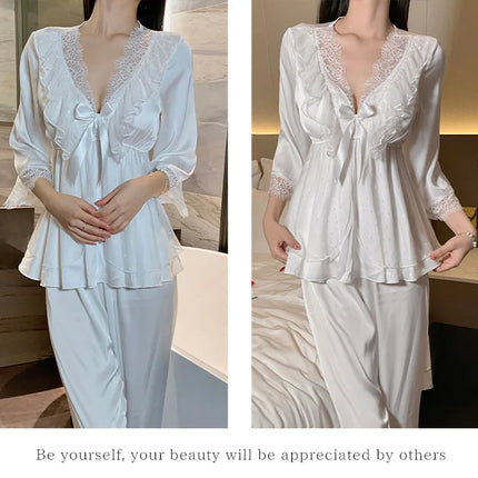 Set di indumenti da notte per la casa in raso di pizzo e pizzo da donna, pantaloni con top in pizzo dolce a V profondo, due pezzi di vestiti per la casa di grandi dimensioni bianco nero viola