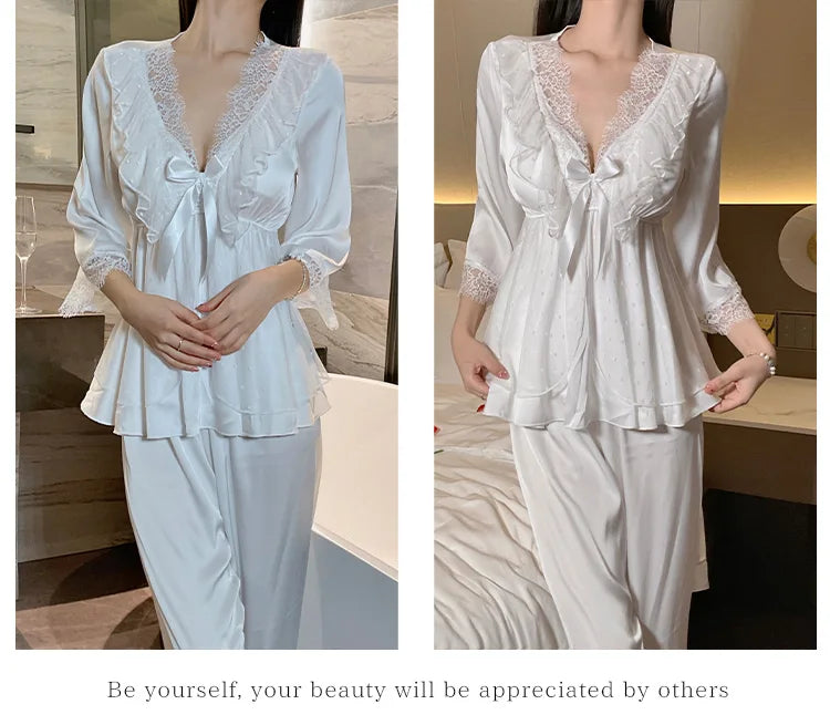 Set di indumenti da notte per la casa in raso di pizzo e pizzo da donna, pantaloni con top in pizzo dolce a V profondo, due pezzi di vestiti per la casa di grandi dimensioni bianco nero viola