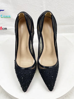Scarpe con strass in rete traspirante Donna 8CM 10CM 12CM Décolleté a spillo Moda Punta a punta Serata estiva Tacchi alti Nero