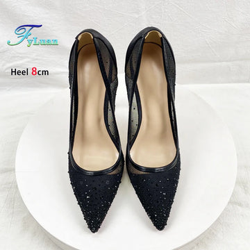 Scarpe con strass in rete traspirante Donna 8CM 10CM 12CM Décolleté a spillo Moda Punta a punta Serata estiva Tacchi alti Nero