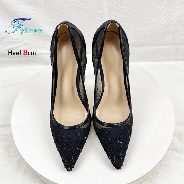 Women's Rhinestone Breathable Mesh Shoes 8CM 10CM 12CM Stiletto Pumps Fashion Pointed Toe Summer Evening High Heels Black