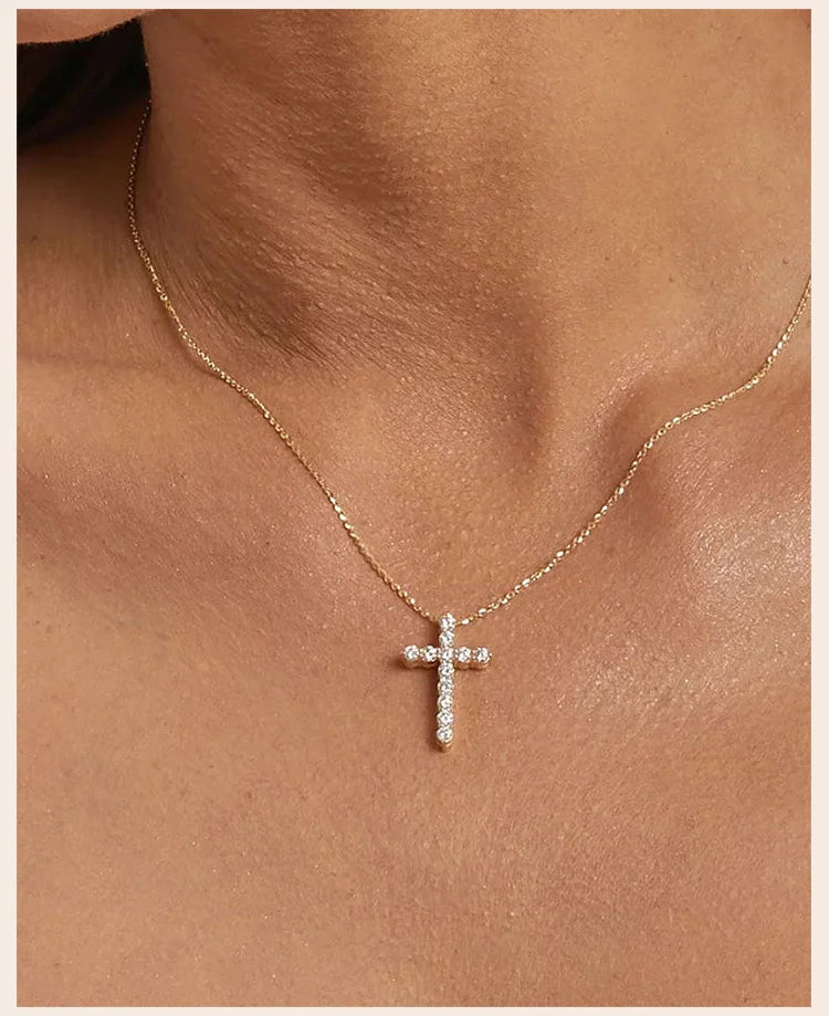 Danity Cubic Zirconia Cross Pendant Necklace for Women, Stainles Steel Chain Adjustable PlatiNum