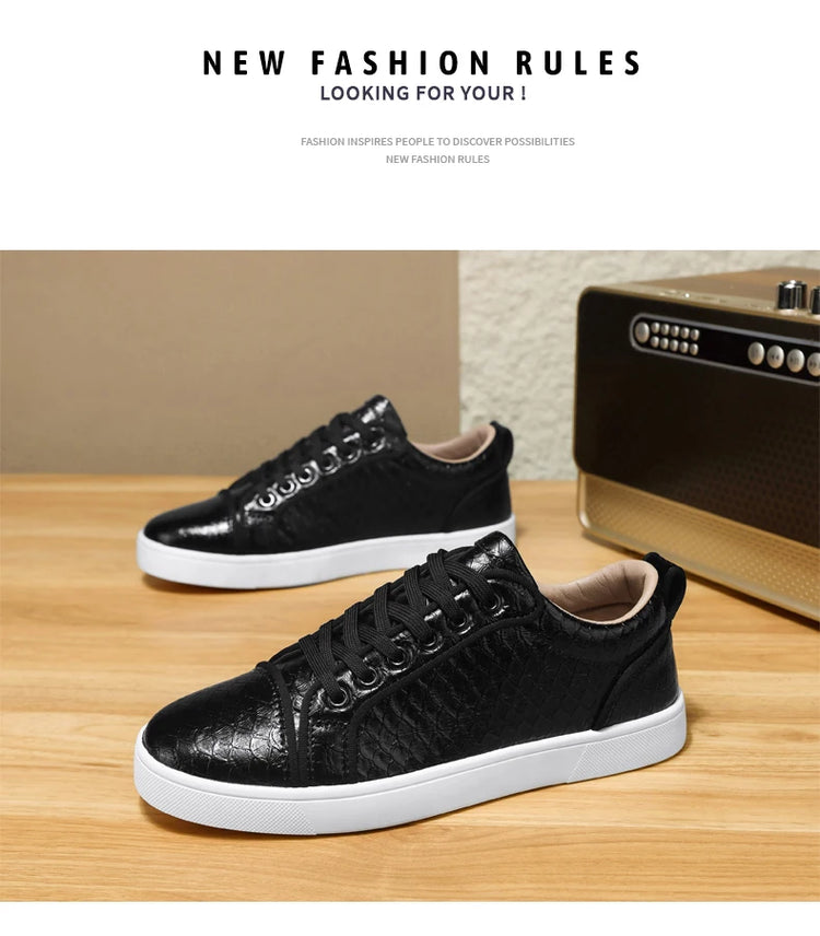 2026 Spring New Shoes for Men Leather Casual Shoes Fashion Pattern Flat Skateboard Shoes Street Cool Lace-up Sneaker