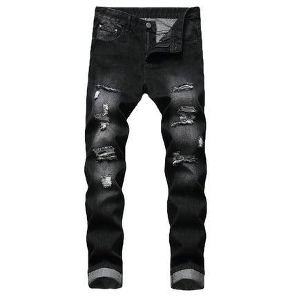 Casual Men's Light Blue Denim Jeans Ripped Straight Leg Slim Fit Non-Elastic Torn Casual Style Chinese Production PlatiNum