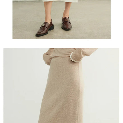 SuyaDream, Women Long Skirt, 32.4%Sheep Wool, Solid Woolen Knitted Skirts, 2024 Autumn Winter Warm Under Dress, Grey, Khaki PlatiNum