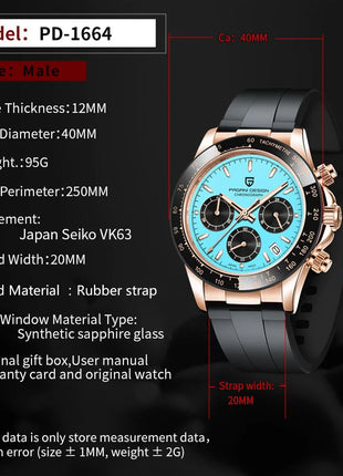 Nuovo Orologio da Uomo PAGANI DESIGN Cronografo di Lusso in Oro Rosa, Quadrante Blu Ghiaccio 40mm, Vetro Zaffiro, Impermeabile 100M, Cinturino in Gomma, Orologio Sportivo Maschile + CONFEZIONE REGALO