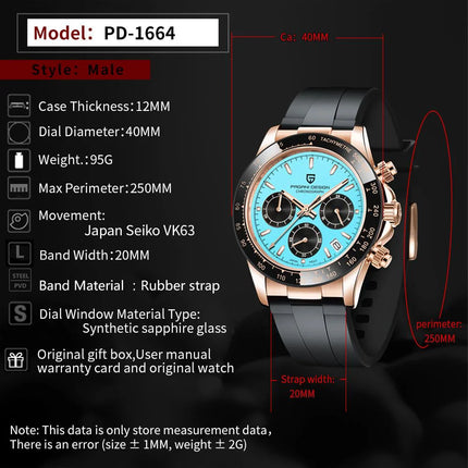 PAGANI DESIGN Cronografo da uomo Orologio da polso al quarzo di lusso in oro rosa 40mm Quadrante blu ghiaccio Vetro zaffiro 100M Impermeabile Cinturino in caucciù Orologio sportivo da uomo per uomo Reloj Hombre+GIFT BOX