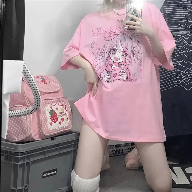 Spring Summer New Korean Version Harajuku Pink Cute Anime Cartoon Girl Print Loose Short-Sleeved T-Shirt Student Top