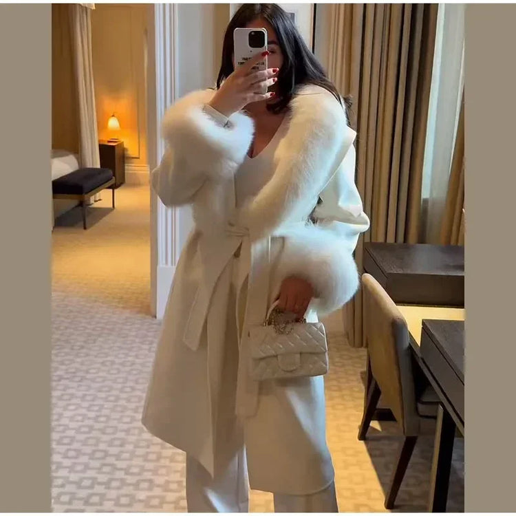 Retro Black Fur Patchwork Woolen Coat Women Chic Full Sleeve V-neck Lace Up Loose Long Overcoat 2025 Lady Winter Commute Outwear