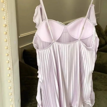 Women's Sexy Soft Chiffon Silk Nightgown with Straps and Pleats, Off-Shoulder Lingerie with Puff Sleeves and Ruched Details, 2026 Collection