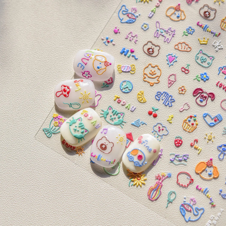 1Pcs 5D Graffiti Kitten Puppy Nail Art Sticker Lovely Lines Animal Cat Embossed Nail Slider Self-Adhesive Cat/Dog Manicure Decal