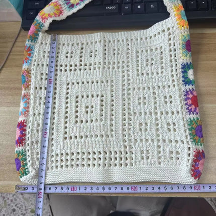Borsa tote da donna in stile boho con motivo floreale all'uncinetto, borsa a tracolla in maglia intrecciata di grande capacità, borsa da spiaggia estiva per ragazze