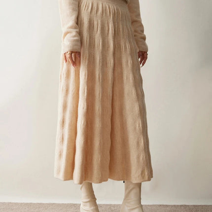 Women Cashmere Skirt A-Line Jacquard Elastic Waist Flared Skirt Autumn Winter 100% Cashmere Knitted Office Lady Curled Hem Dress PlatiNum