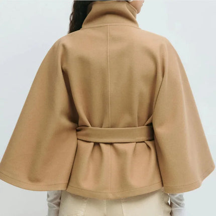 Women Lace Up High Neck Jackets For Women With Belt Elegant Windbreaker Faux Wool Blends Cape Street  Solid Windbreaker Cloak