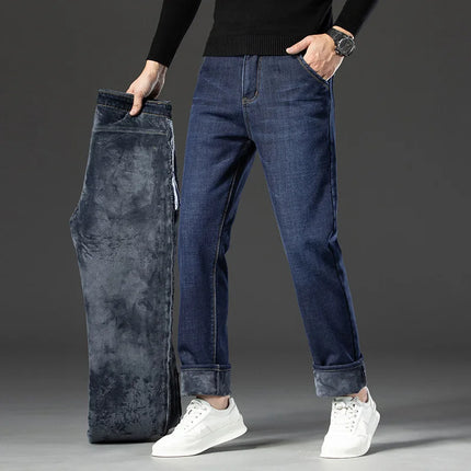 Men's Loose Straight Pants 2026 New Winter Fashion Warmt Plush Thick Jeans Cotton Straight Fleece Male Brand Denim Trousers