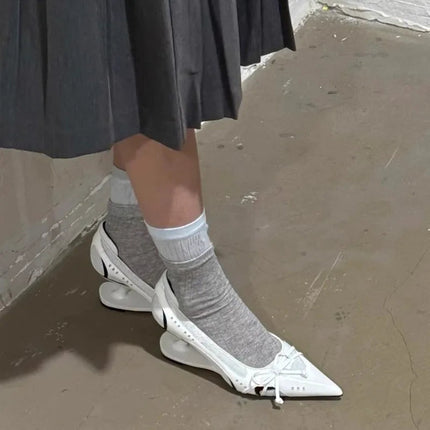 Special Heel Spliced Heels Pointed Toe Heels Women's Fashion Shallow Mouth Bow Non-Slip Mary Jane Single Shoes PlatiNum