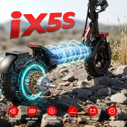 iScooter iX5s Monopattino elettrico 15 Ah 1000W con potenti pneumatici, autonomia di 65 km, velocità massima di 45 km/h